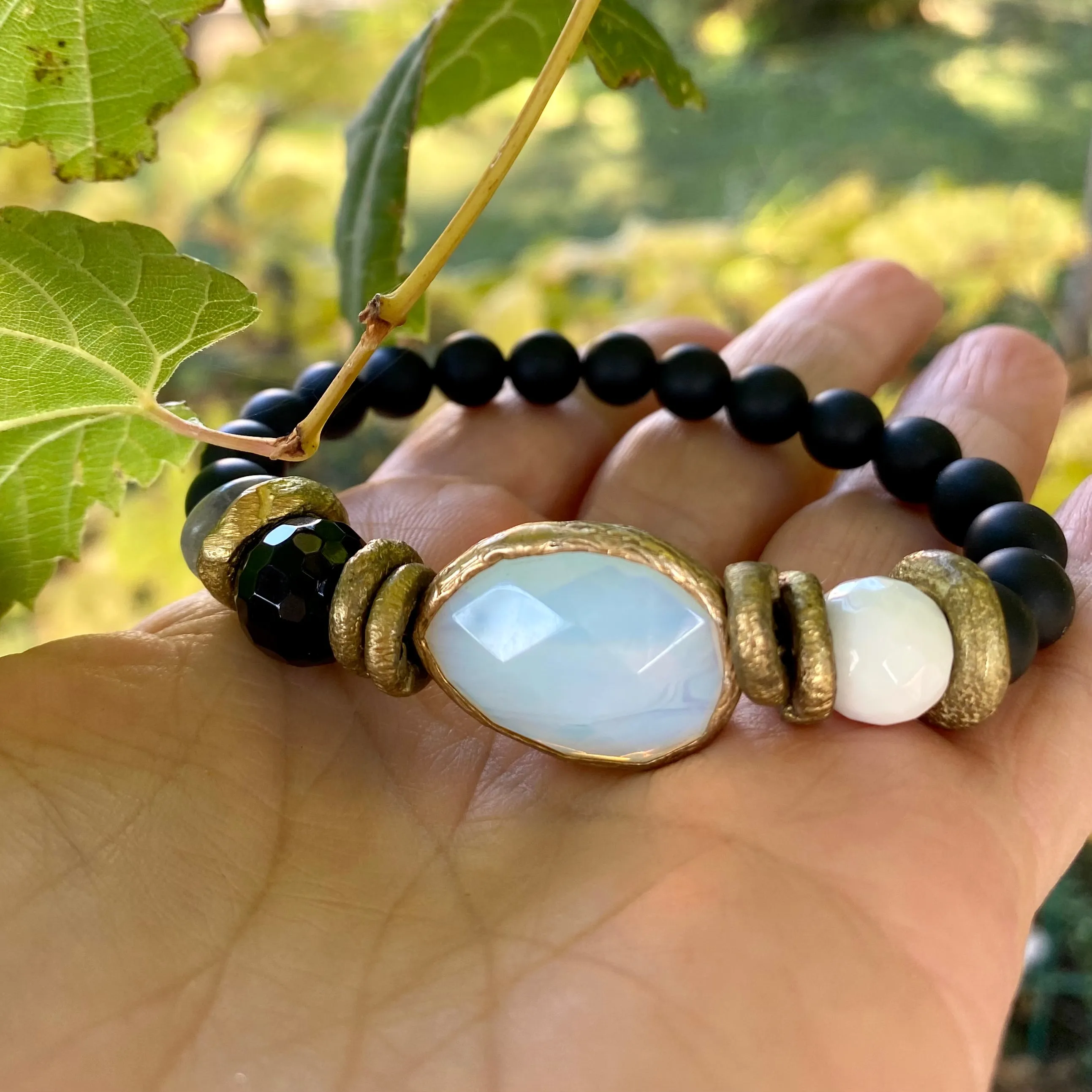 Opal Glass Bezel White Shell Onyx Bracelet Mala