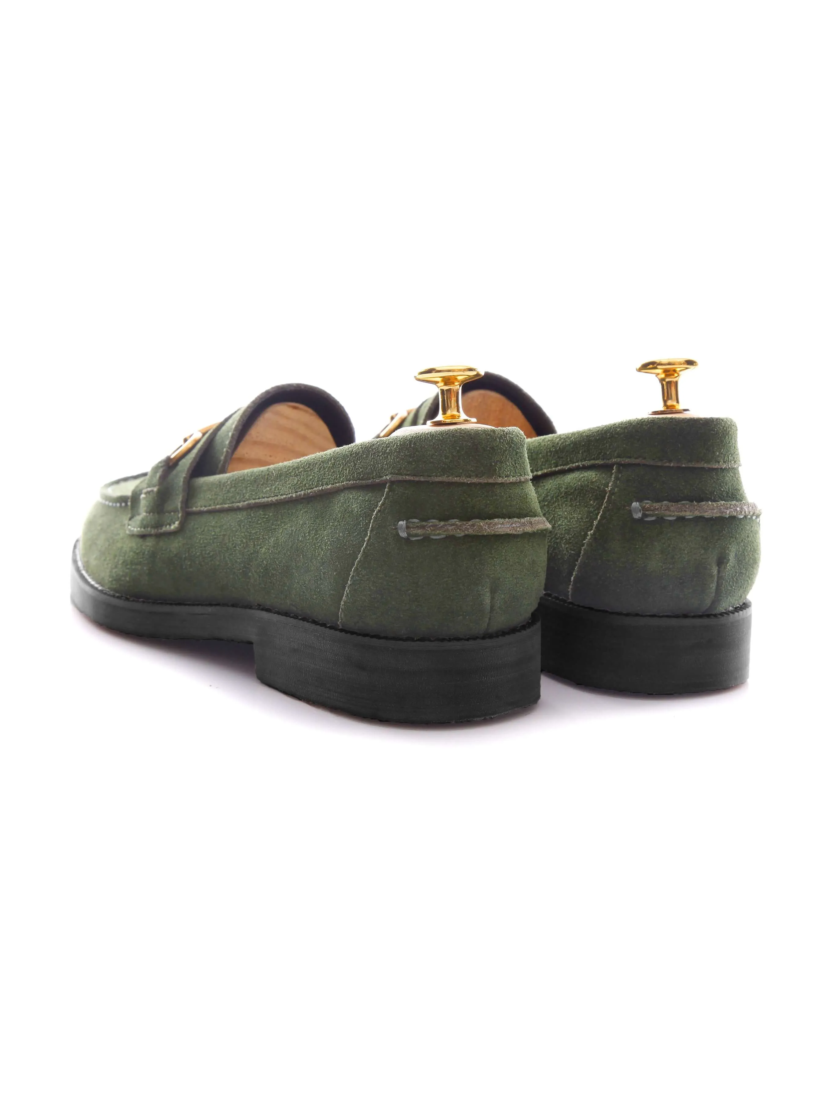 Penny Loafer Horsebit Buckle - Olive Green Suede Leather (Black Crepe Sole)