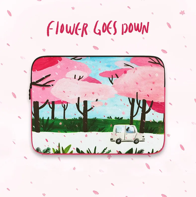 Pink Flower Floral Rain Graphic Laptop Sleeves 11 13 15inch Cases Protective Covers Handbags Square Pouches Designer Artist Prints Cute Lightweight School Collage Office Zipper Fashion Unique Gifts Couple Items Skins