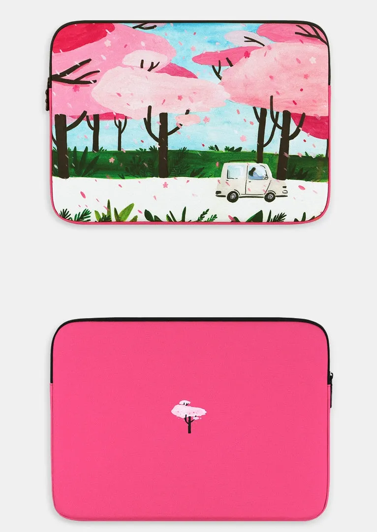 Pink Flower Floral Rain Graphic Laptop Sleeves 11 13 15inch Cases Protective Covers Handbags Square Pouches Designer Artist Prints Cute Lightweight School Collage Office Zipper Fashion Unique Gifts Couple Items Skins