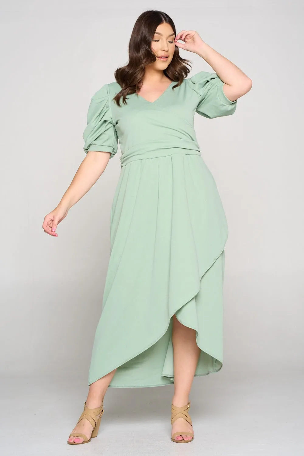 Puff Sleeve Tulip Wrap Dress