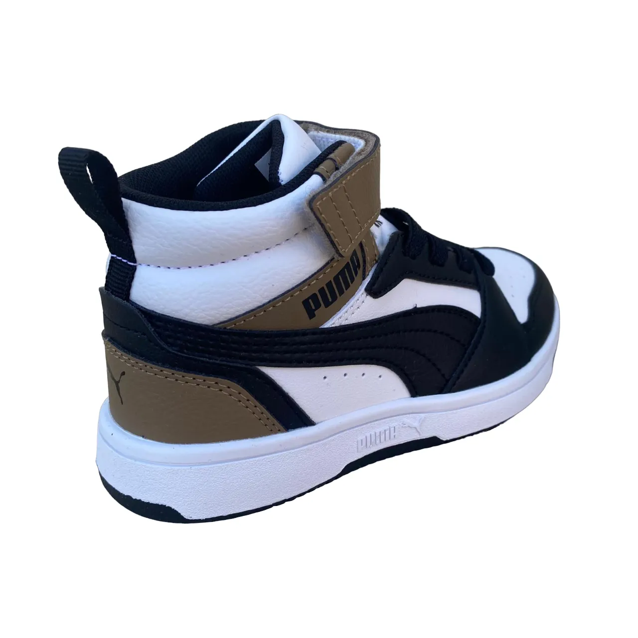 Puma boys' high shoe with lace and strap Rebound V6 AC PS 393832-08 white-black-chocolate