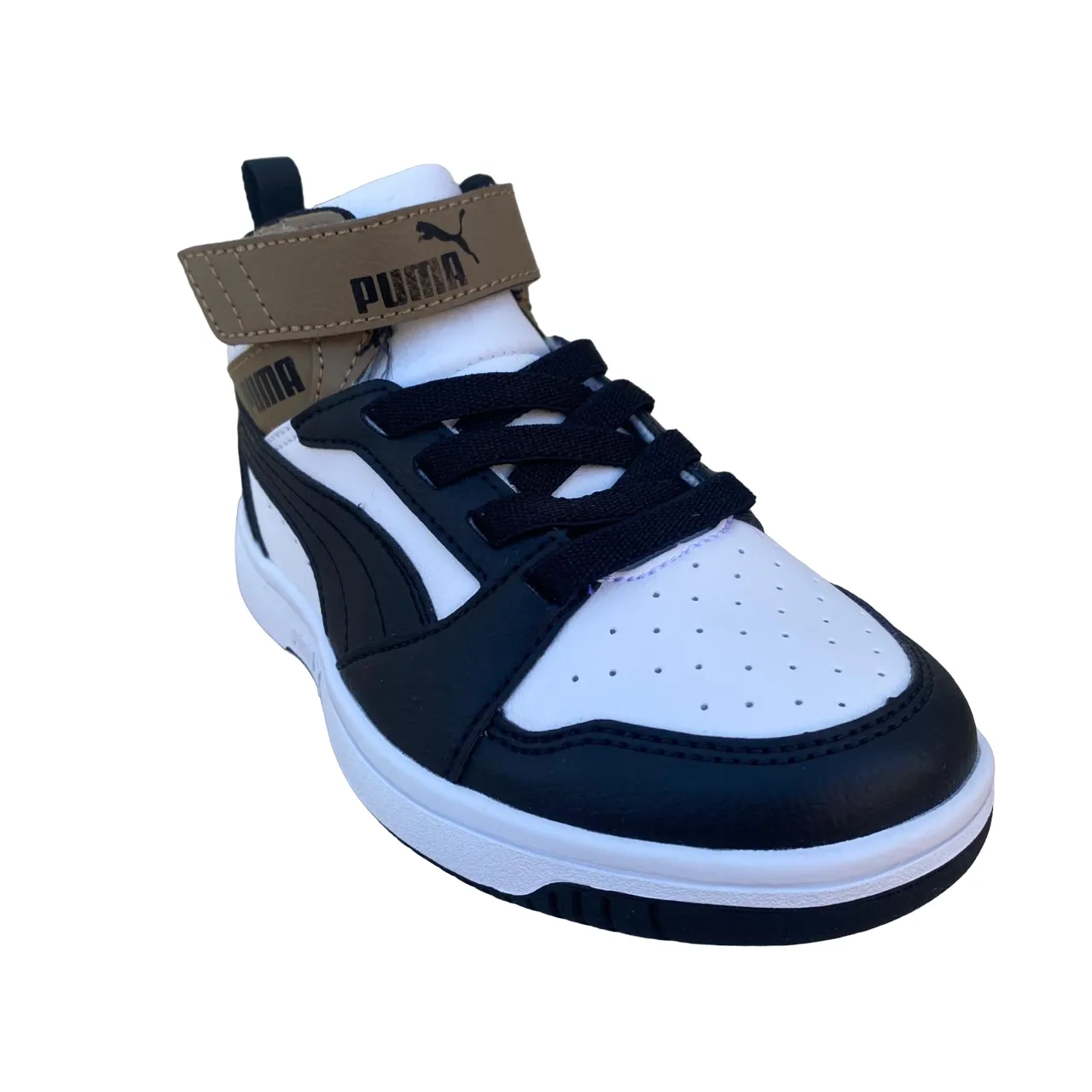 Puma boys' high shoe with lace and strap Rebound V6 AC PS 393832-08 white-black-chocolate