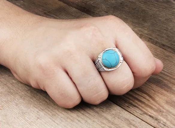 Ring for Man 4 Natural Diamonds and Blue Turquoise in 925 Silver