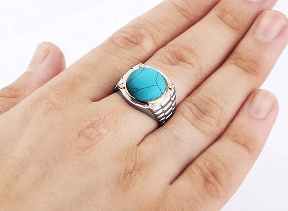 Ring for Man 4 Natural Diamonds and Blue Turquoise in 925 Silver