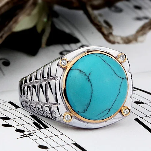 Ring for Man 4 Natural Diamonds and Blue Turquoise in 925 Silver