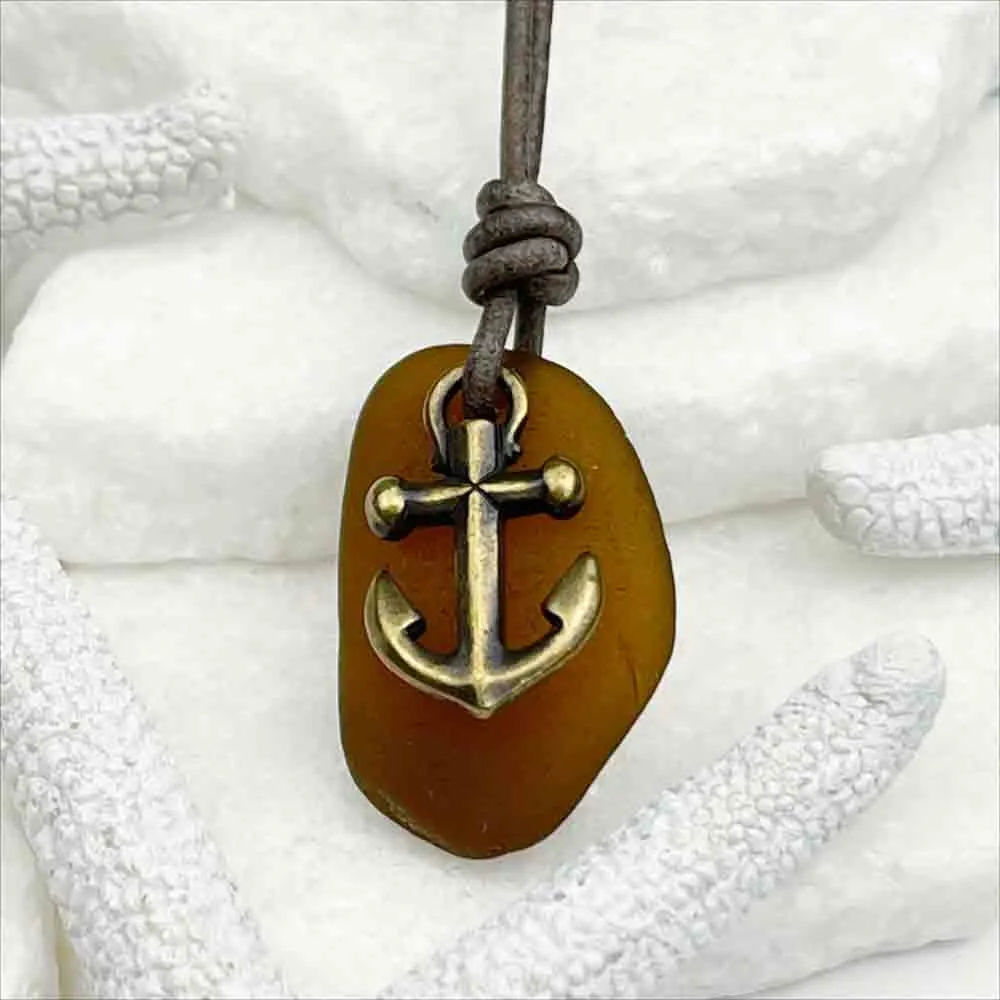 Rootbeer Brown Sea Glass Leather Necklace with a Bronze Anchor Charm | #5104