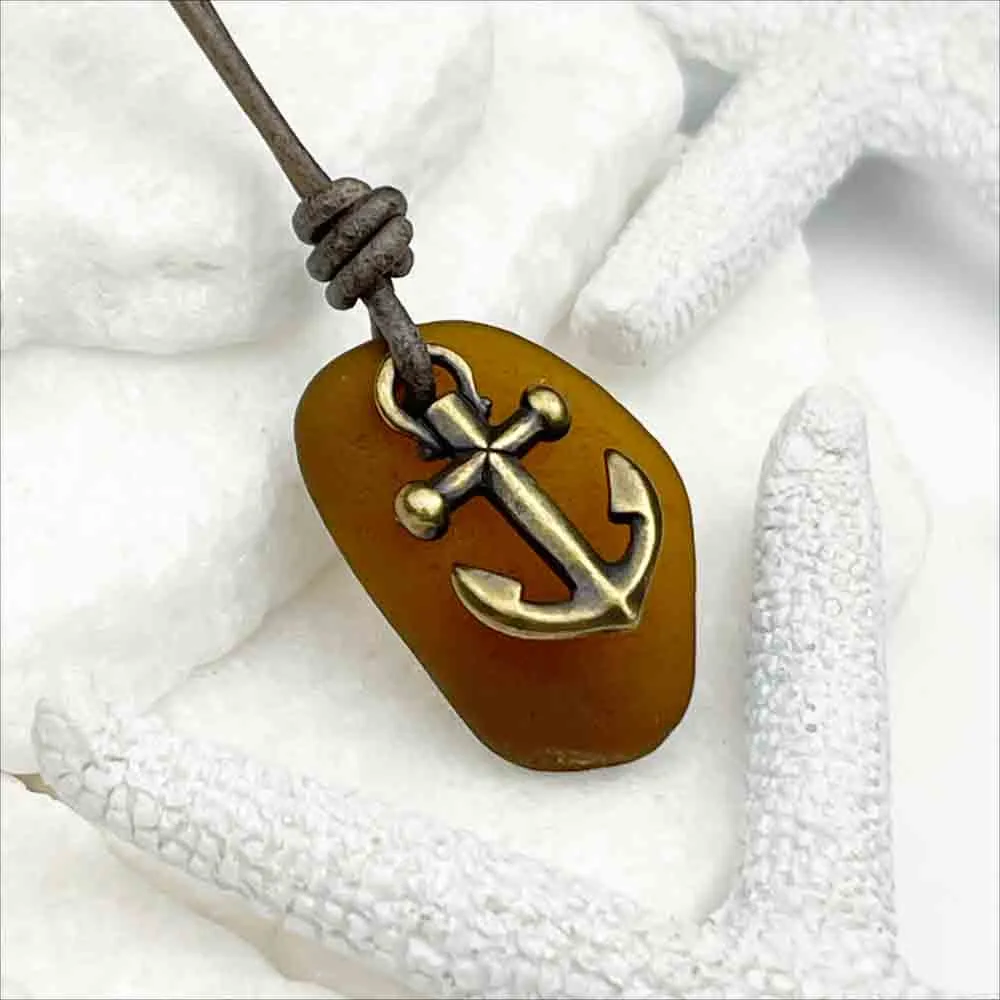 Rootbeer Brown Sea Glass Leather Necklace with a Bronze Anchor Charm | #5104