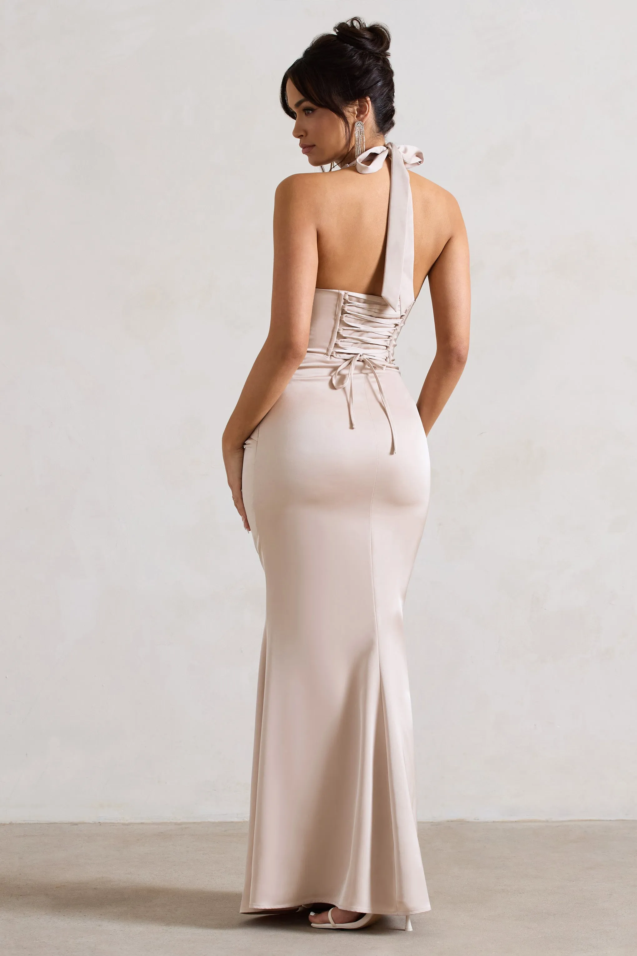 Sacha | Champagne Satin Corset Style Maxi Dress With Wrap Skirt