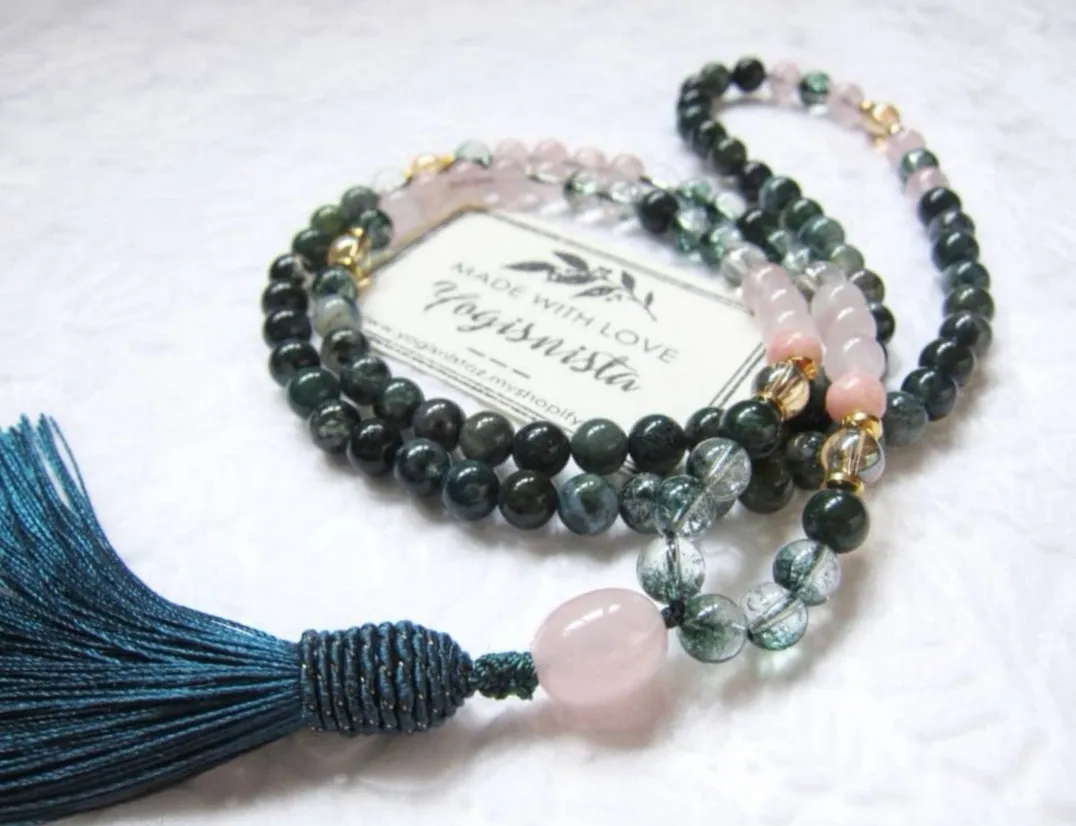 SALE - 108 Bead Mala in Pink and Phantom Quartz w/ Emerald Green Bee Cap Tassel Beaded Necklace