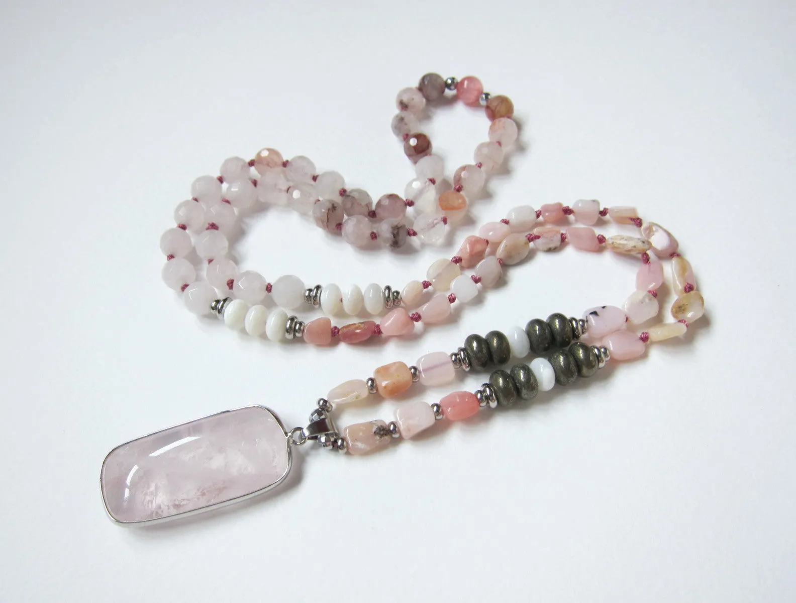 SALE - Bohemian Pink Opal, Pyrite, Rose Quartz Pendant Mala Necklace