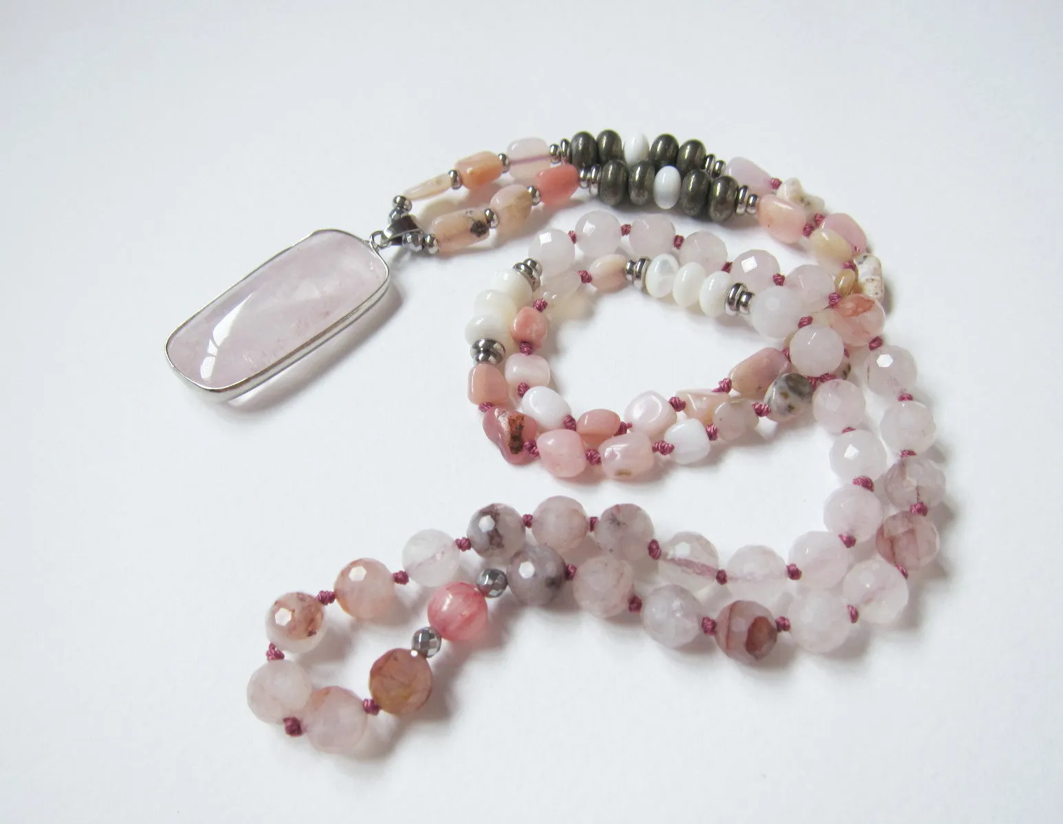 SALE - Bohemian Pink Opal, Pyrite, Rose Quartz Pendant Mala Necklace