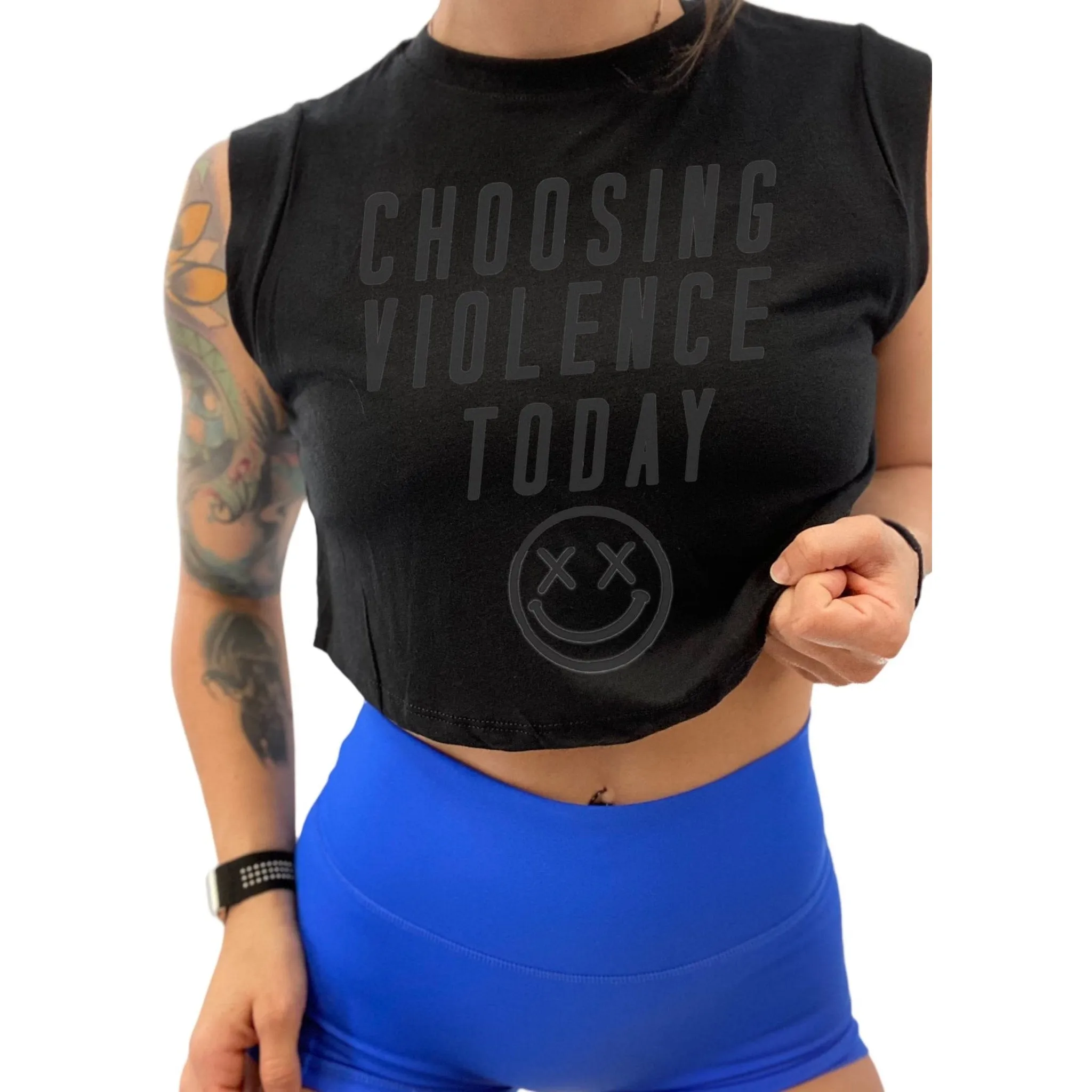 Salty Savage Ladies "CHOOSING VIOLENCE TODAY" Cropped Muscle Tank | Black on Black