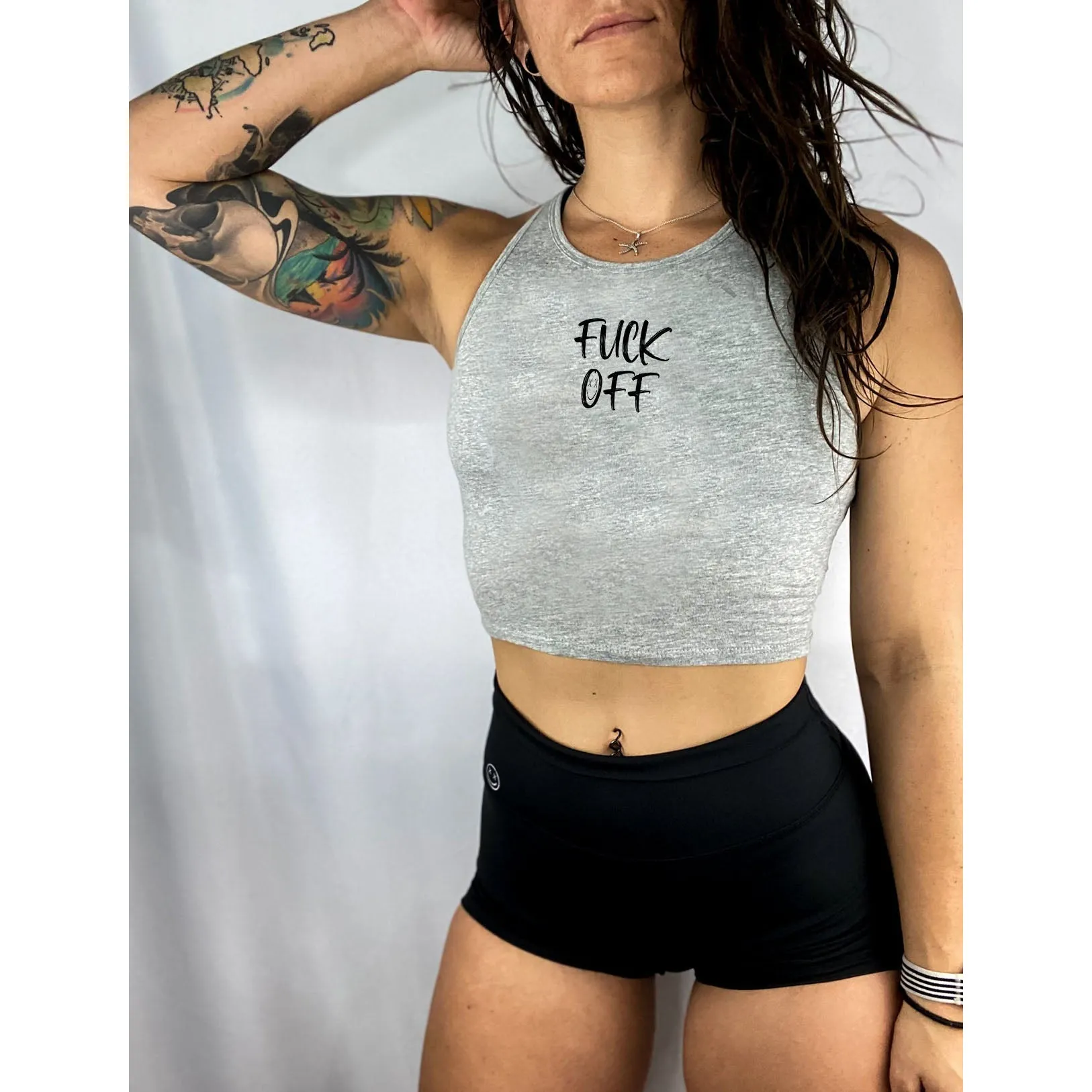 Salty Savage Ladies "Fuck Off" High Neck Sleeveless Crop Tank | Micro