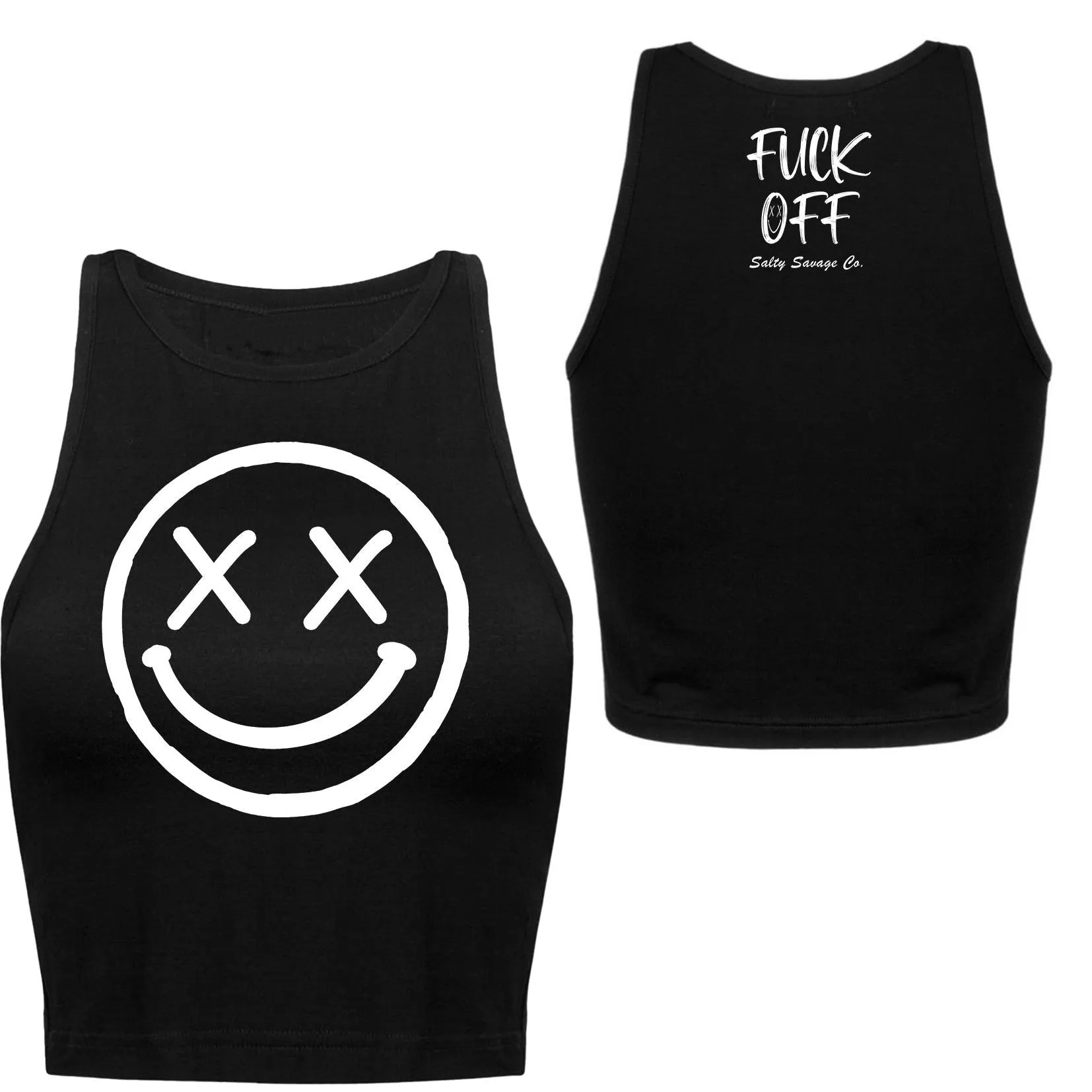 Salty Savage Ladies "OG Smile" High Neck Sleeveless Crop Tank | Fuck Off Edition | Black