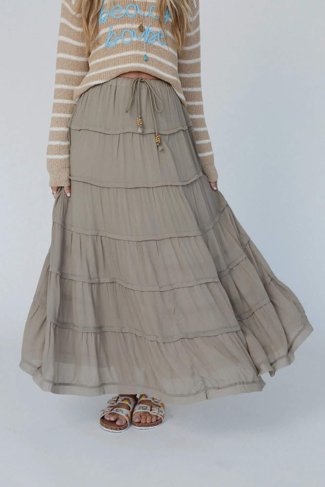 Sardinia Silky Tiered Maxi Skirt - Olive