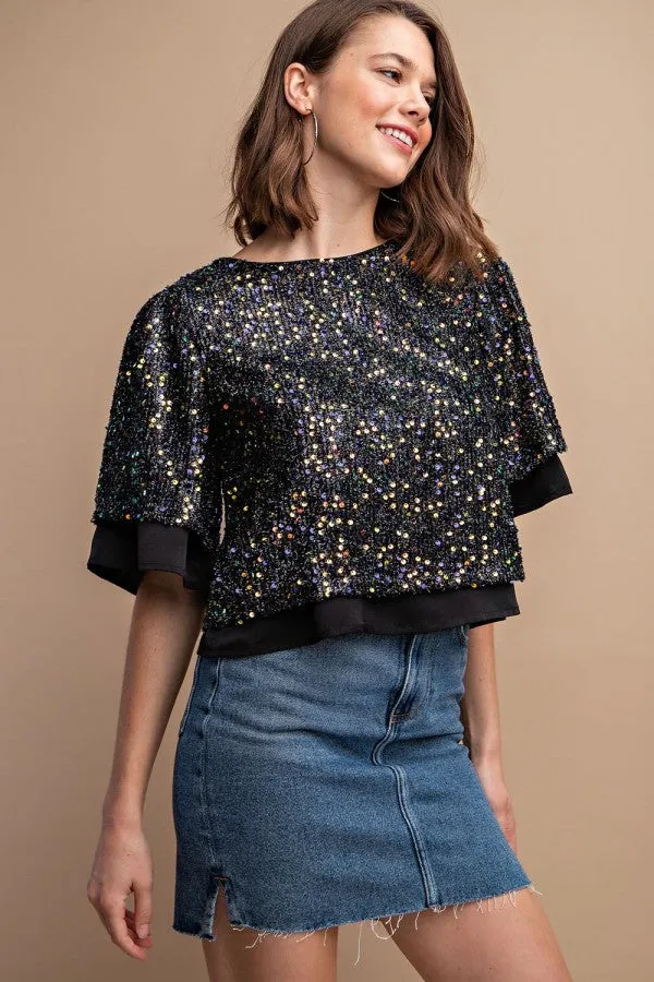 Sequined Short Sleeve Top With Back Zipper