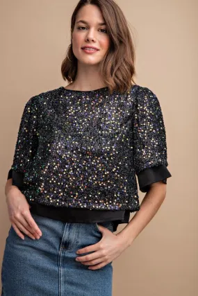 Sequined Short Sleeve Top With Back Zipper