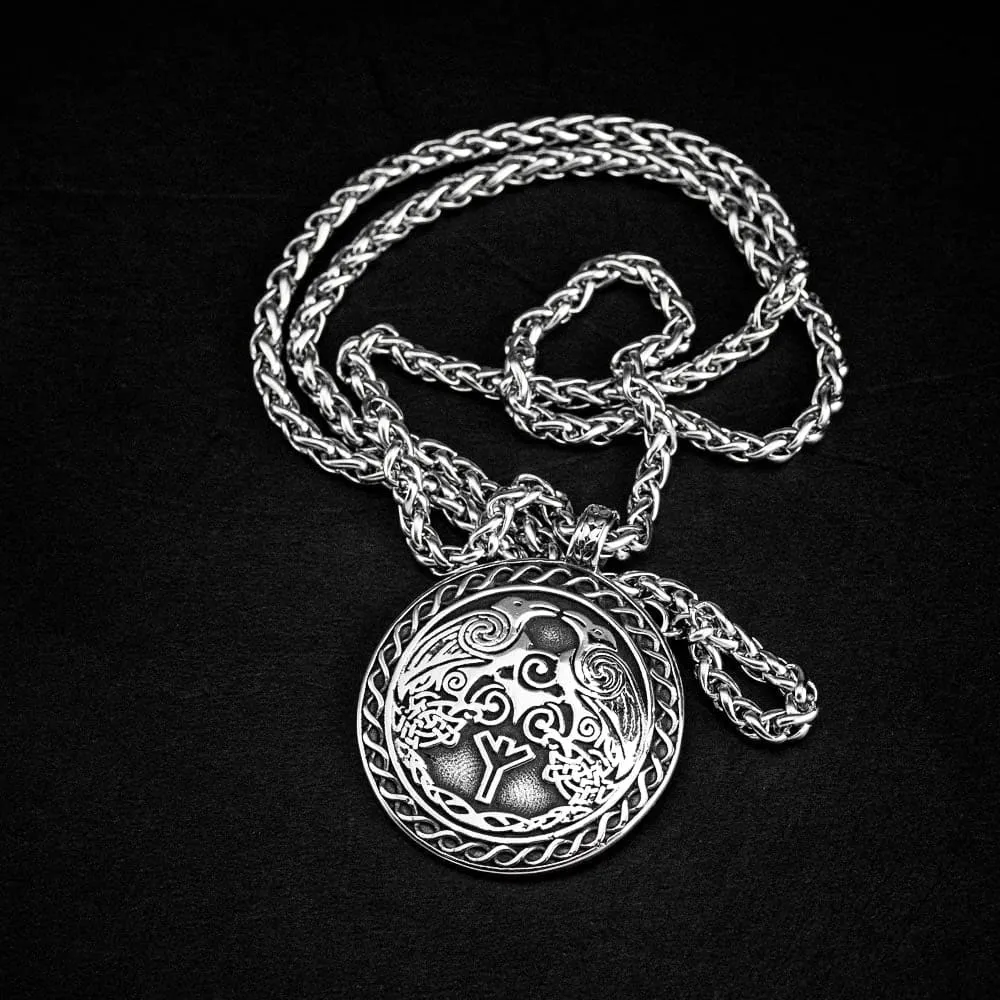 Stainless Steel Raven and Algiz Rune Necklace