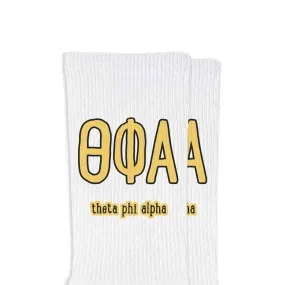 Theta Phi Alpha Sorority Crew Socks with Name and Letters in Sorority Colors