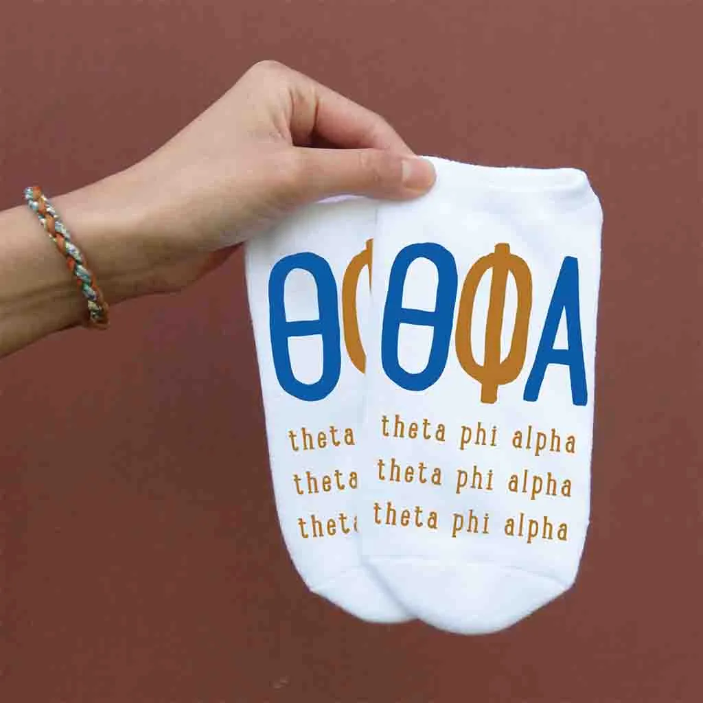 Theta Phi Alpha Sorority Socks with Large Greek Letters, Printed on No Show Socks