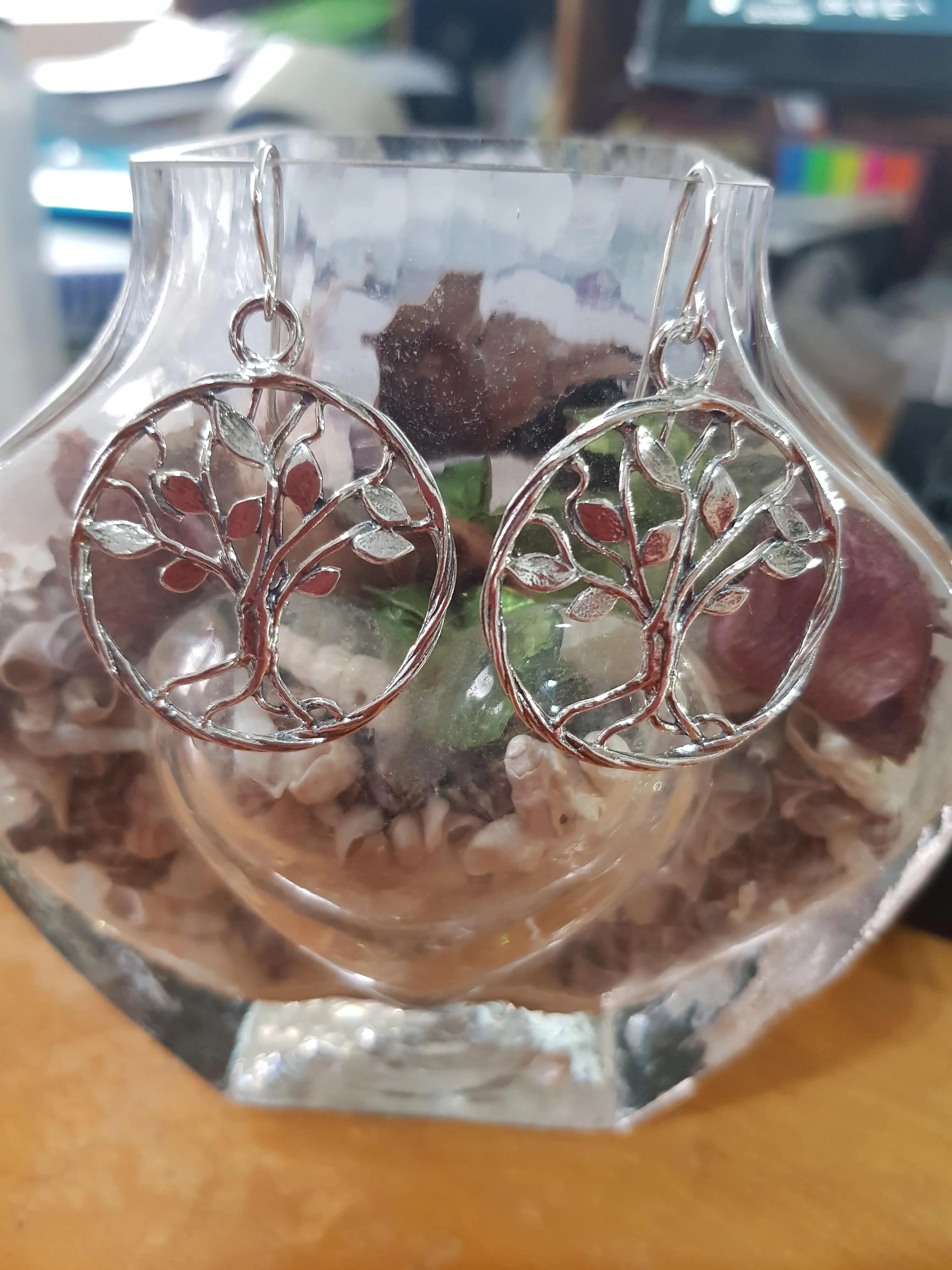 Tree of Life earrings. Silver earrings dangle.