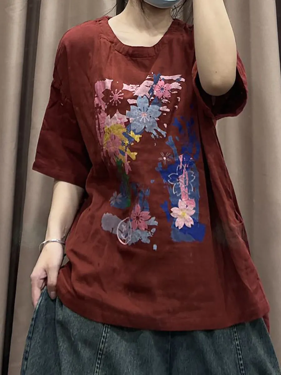 Women Spring Flower Print Vintage Cotton Loose Shirt CO1023