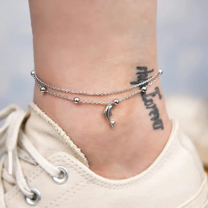 Womens Anklet 925 Sterling Silver  Layered Anklet Bracelet Dainty Beaded Chain Anklet Adjustable 11 Anklet for Women