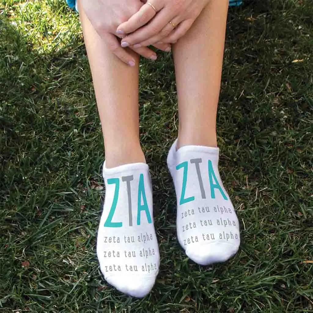 Zeta Tau Alpha Sorority Socks with Large Greek Letters, Printed on No Show Socks