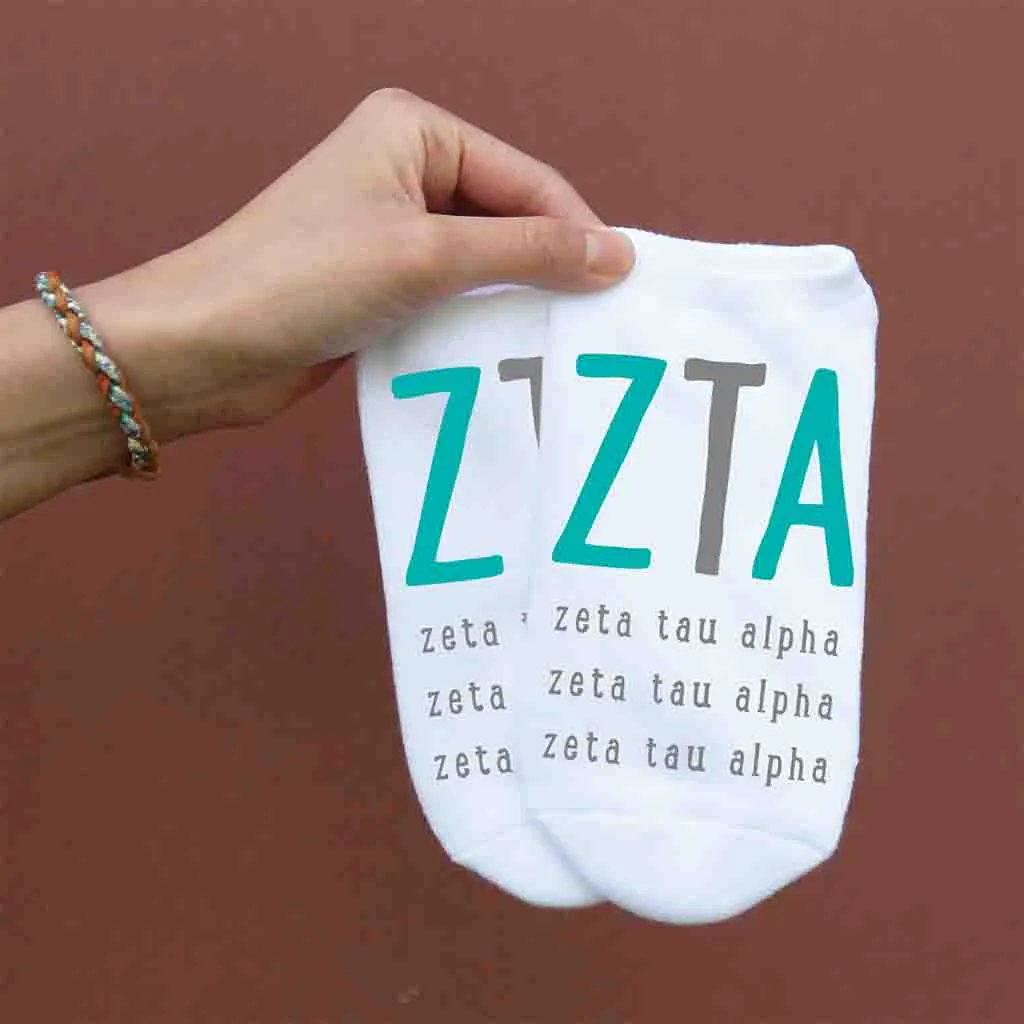 Zeta Tau Alpha Sorority Socks with Large Greek Letters, Printed on No Show Socks