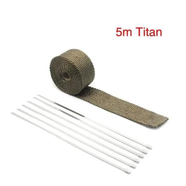 ZSDTRP 5cm*5M 10M 15M Titanium/Black Exhaust Heat Wrap Roll for Motorcycle Fiberglass Heat Shield Tape with Stainless Ties