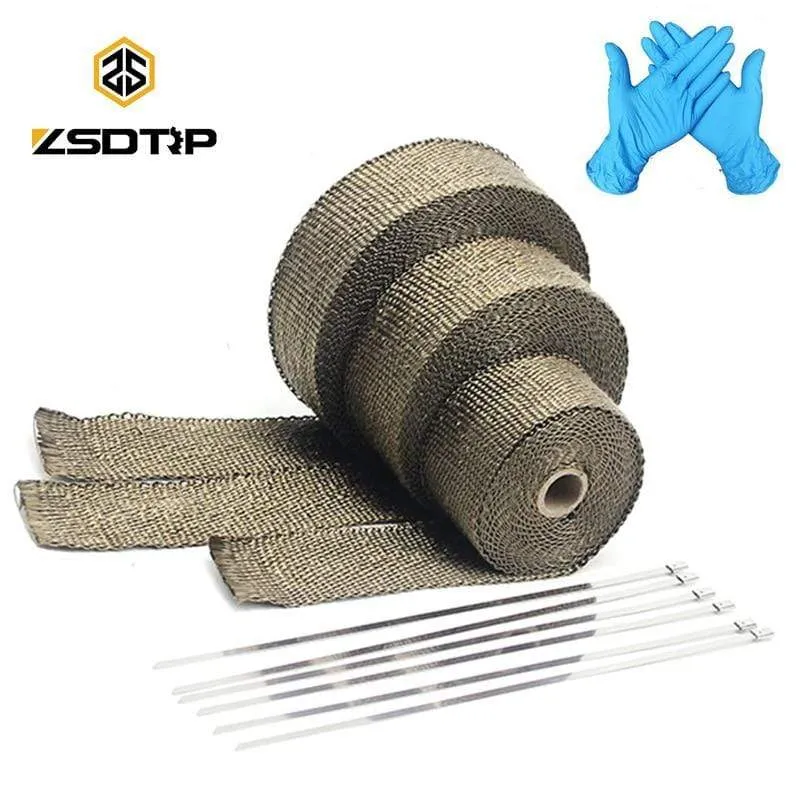 ZSDTRP 5cm*5M 10M 15M Titanium/Black Exhaust Heat Wrap Roll for Motorcycle Fiberglass Heat Shield Tape with Stainless Ties