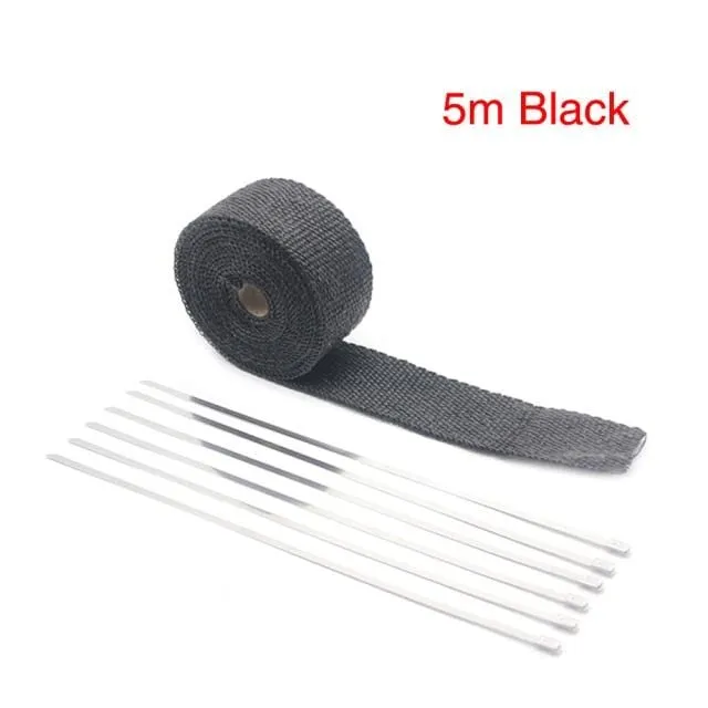 ZSDTRP 5cm*5M 10M 15M Titanium/Black Exhaust Heat Wrap Roll for Motorcycle Fiberglass Heat Shield Tape with Stainless Ties